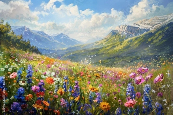 Fototapeta Colorful wildflowers bloom under soft sunlight in a serene meadow during springtime, creating a picturesque and tranquil landscape filled with vibrant colors