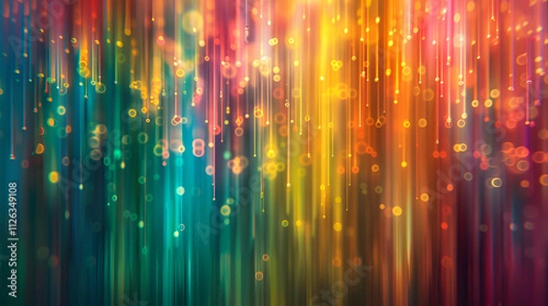 Fototapeta a vibrant and dynamic display of multicolored light streaks cascading downwards, creating a mesmerizing effect The composition features warm hues like gold, orange, and red blending 