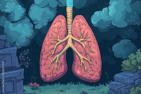 Fototapeta A stylized illustration of lungs with branching bronchi amid a mystical forest background.