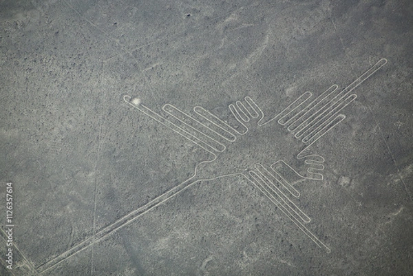 Fototapeta Aerial view of Nazca Lines - Hummingbird geoglyph, Peru.