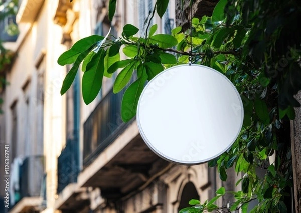 Fototapeta A white blank round store sign hanging on the side of a shop with a mockup design, storefront 