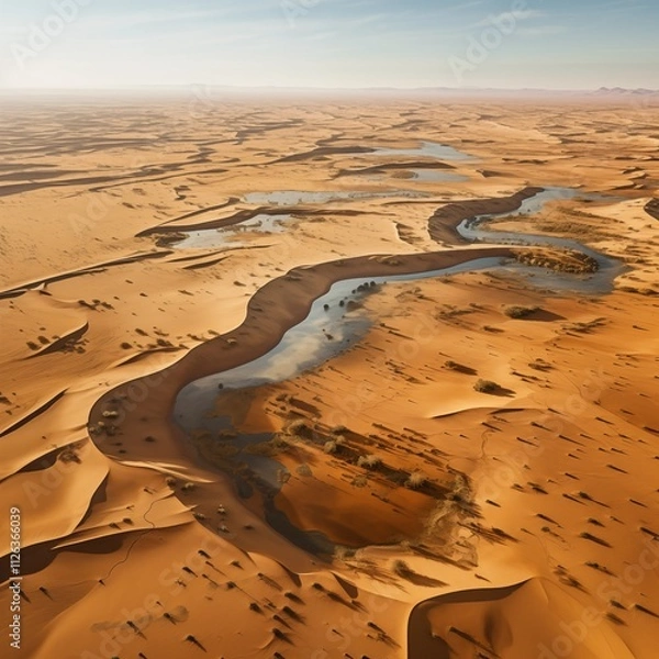 Fototapeta Golden desert dunes under a bright, cloudless sky, Generative Ai