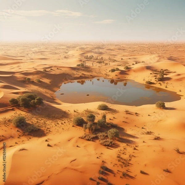 Fototapeta An aerial view of a small, vibrant oasis surrounded by vast, Generative Ai