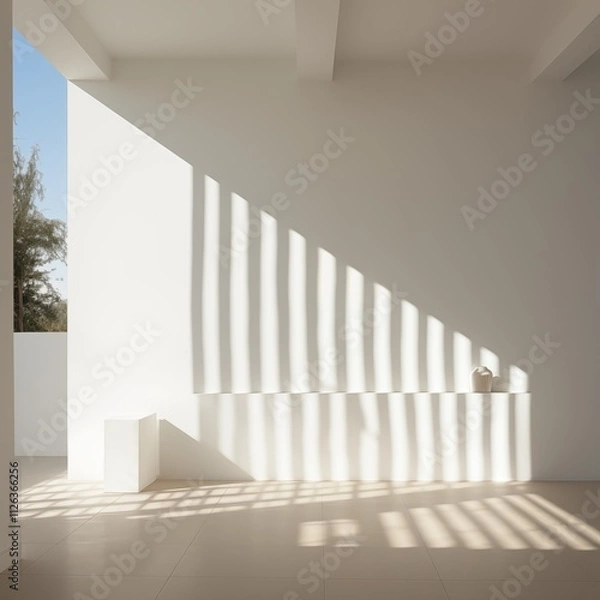 Fototapeta A minimalist composition, light stripes on the clean and white wall, Generative Ai