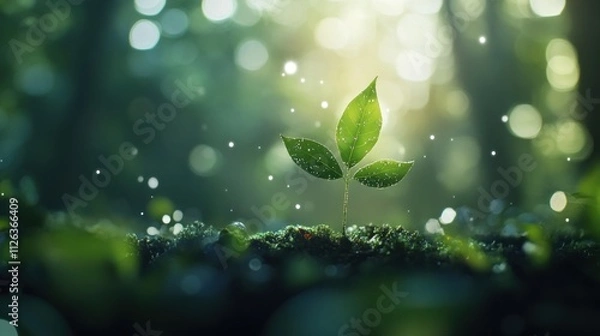 Fototapeta A young plant emerges from the ground, illuminated by soft light in a serene forest setting.