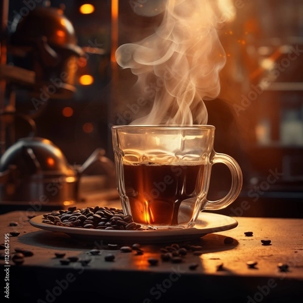 Fototapeta A slow-motion capture of freshly brewed coffee being poured into a glass mug, Generative Ai