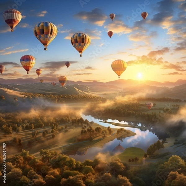 Fototapeta A fleet of hot air balloons rising over a scenic valley at sunrise, Generative Ai