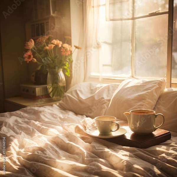 Fototapeta Soft sunlight streaming through sheer curtains onto a cozy, unmade bed with a cup of coffee on the side table, Generative Ai