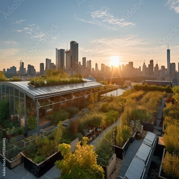 Fototapeta A rooftop garden filled with lush greenery, vegetables, and solar panels, with a bustling city skyline in the background, Generative Ai