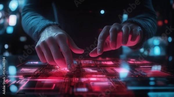 Fototapeta Hands interact with glowing, digital interface.