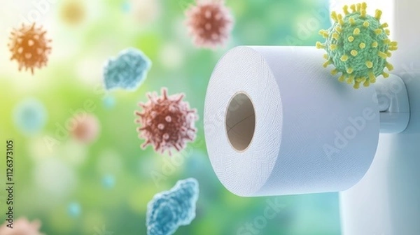 Fototapeta 
3D Render of Bacteria on Tissue Paper in a Toilet Under Bright Lighting, Captured with a Detailed Lens, Highlighting Hygiene, Contamination, and Infection Risk in Sanitary Environments.

