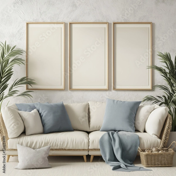 Fototapeta Cozy Modern Living Room with Three Empty Frames for Wall Art Display