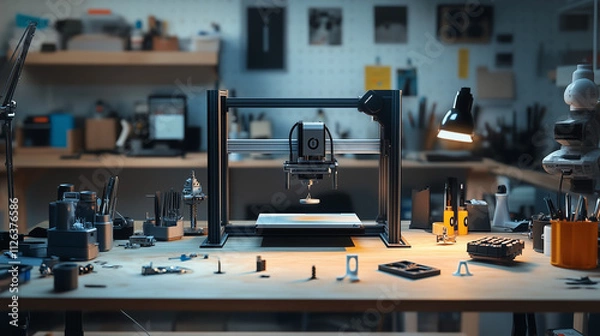 Fototapeta Tech workshop table with 3D printer and tools