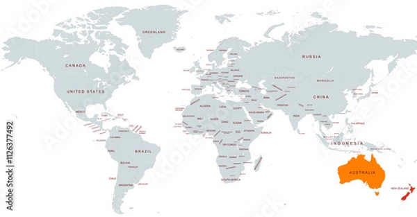 Fototapeta World Map Highlighting Australia and new zealand in Colors