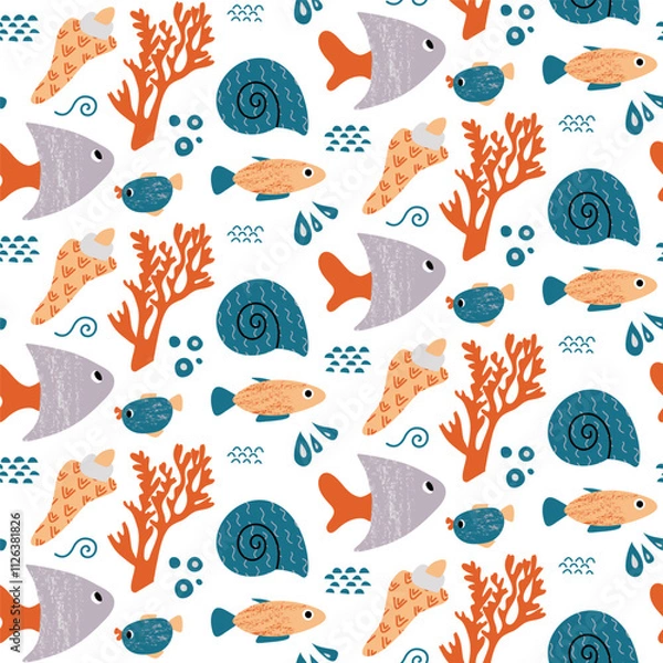 Fototapeta Seamless Pattern With Fishes, Coral, And Seashells On A White Background