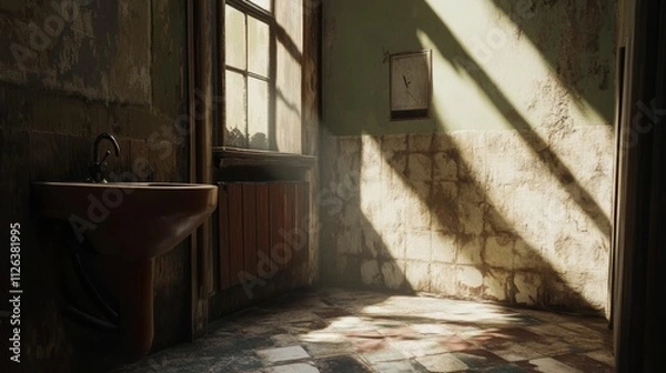 Fototapeta Sunlit, dilapidated room; old sink, tiled floor.