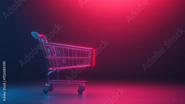 Fototapeta A glowing shopping cart in vibrant pink and blue lighting against a dark background, creating a modern, stylish atmosphere.