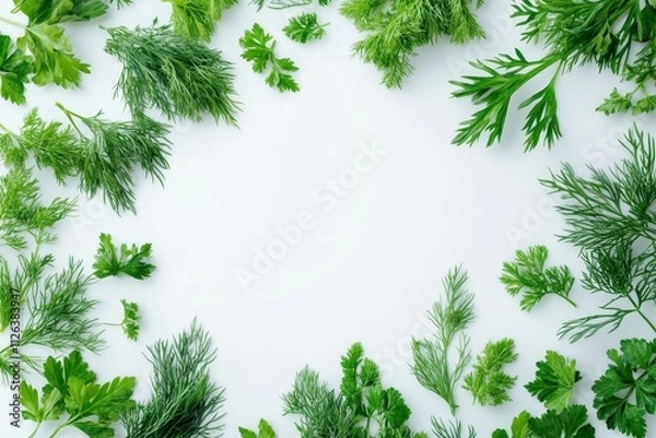 Fototapeta Fresh herbs arranged in a circular pattern on a light background showcasing various greens