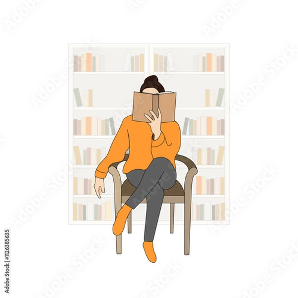 Obraz A young woman immersed in reading a book. A book-loving girl relaxes on a chair, enjoying her leisure time, with shelves filled with books in the background. Vector illustration