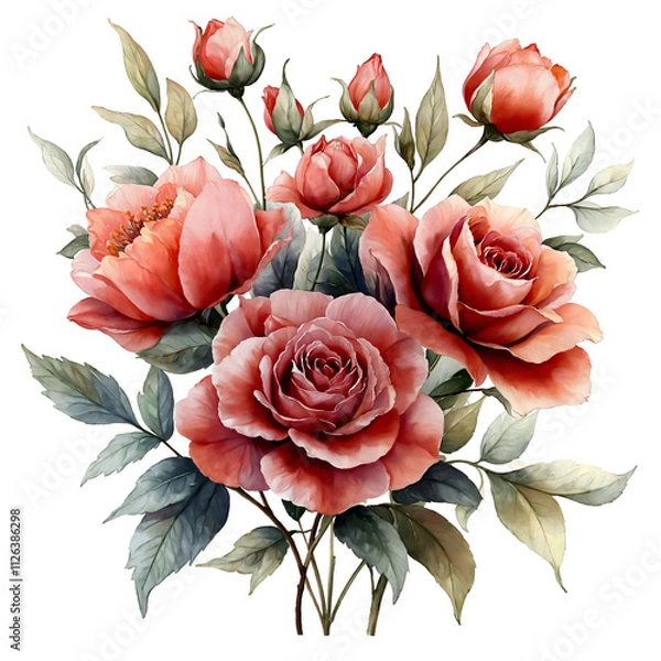 Fototapeta Nature, flowers, clipart watercolor painting of flower, symmetrical pattern, botanical print on white background, vintage style.QW-0349