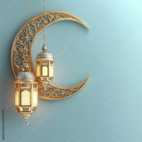 Fototapeta Islamic decoration background with lantern and crescent moon luxury style, ramadan kareem, mawlid, iftar, isra miraj, eid al fitr adha, muharram, copy space text area, 3D illustration.