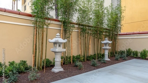 Fototapeta A harmonious blend of nature and tradition, with bamboo leaves and a stone lantern as the focal point in a lush garden.
