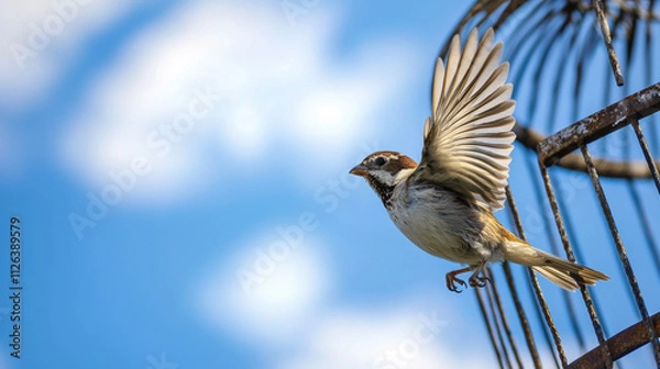 Fototapeta Closeup of a small bird with detailed feathers in mid-flight, wings fully spread, flying out of an open metal cage, set against a bright blue sky with soft clouds, freedom and movement concept