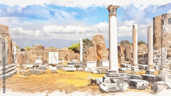 Obraz Ruins of the ancient city. Vintage painting, background illustration, beautiful painting,