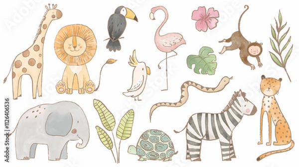 Obraz Beautiful stock illustrations set with cute lion zebra toucan elephant monkey flamingo. Safari animal clip art. Isolated naive style drawing. Childish hand drawn painting.
