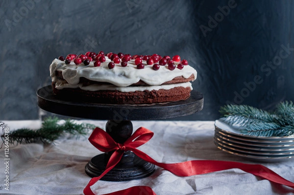 Fototapeta Delicious ready to eat wreath Christmas cake decorated with fresh cranberries and cream cheese frosting with festive styling