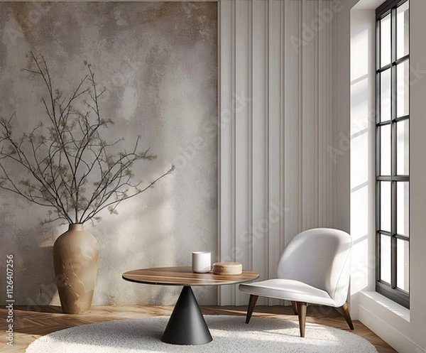 Fototapeta Aesthetic elegant minimalist modern interior design. Clear mock up empty wall for decoration in the apartment. Copy space in the room. Neutral palette of natural colors.