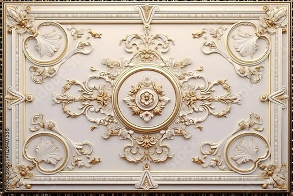 Fototapeta 3d rendering beautiful golden relief isolated on white. luxury carving decoration of architecture. classic interior detail made of gold. Upholstery
