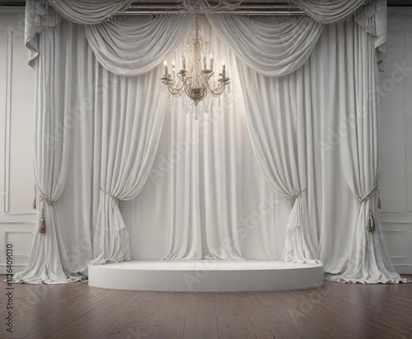 Fototapeta Refined stage featuring white backdrop chandelier and flowing curtains, special occasion, gala