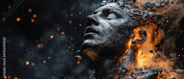 Fototapeta Fiery transformation of a human figure surrounded by ash and flames, conveying a powerful sense of rebirth and change