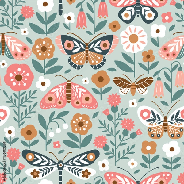 Fototapeta Seamless vector pattern with hand drawn butterfly, dragonfly on floral background. Modern boho floral illustration. Perfect for textile, wallpaper or nursery print design. EPS10 vector file.