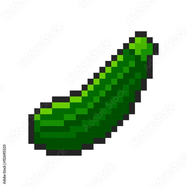 Obraz Pixel zucchini isolated on transparent background. Pixelated badge, game asset or computer arcade food item. Vegetable icon. Vector pixel art illustration in 16 bit old style.