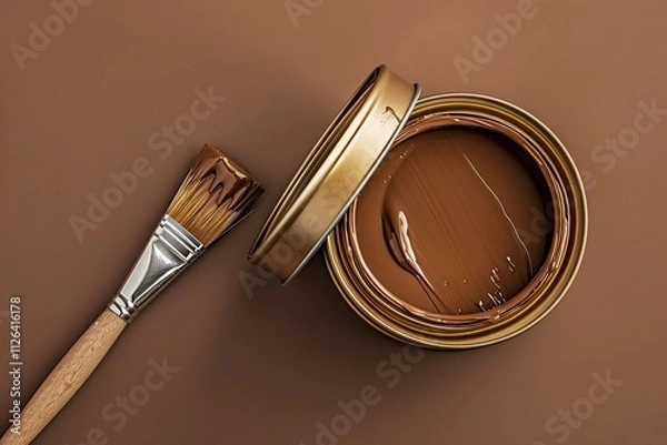 Obraz a painting brush lying on a can of paint, with a top view of the background with the color mousse mocha in a minimalist style with free space