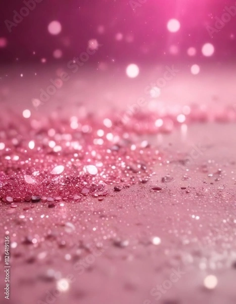 Fototapeta Shining light on a pink glitter surface with soft focus bokeh and subtle shine, sparkly textures, festive decorations