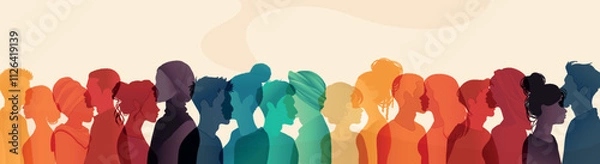 Obraz Diverse group silhouette of multicultural people seen from the side. A community of colleagues or collaborators. Negotiation, agreement, or pact. Collaborators co-workers and harmony