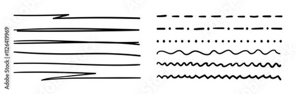 Fototapeta Hand drawn brush underline strokes. Vector set of doodle sketch ink lines, scribble pencil borders