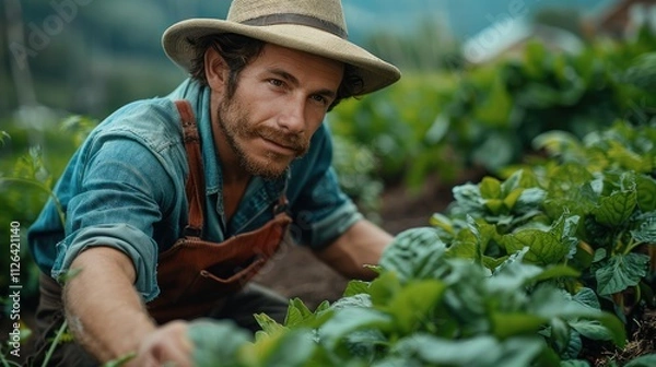 Fototapeta A farmer tending to a thriving organic vegetable garden, focusing on sustainable agriculture and healthy living.
