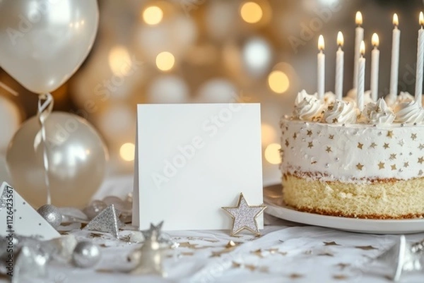 Fototapeta Pearl Themed Birthday Table Setting with White Card and Bunting, Perfect for Celebrations and Parties Generative AI