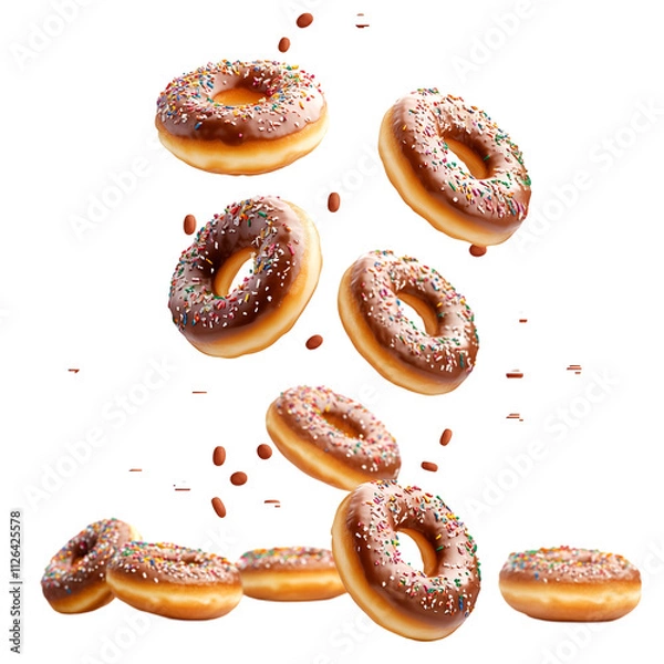 Fototapeta Delicious donuts in free fall, showcasing colorful sprinkles and sweet treats in a mouthwatering composition, perfect for dessert or snack concepts, PNG image, Cutout, Isolated on white background