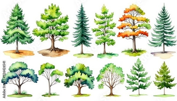 Fototapeta Diverse watercolor trees collection: seasonal variations and lush foliage