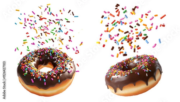 Fototapeta Two delicious donuts with chocolate glaze and colorful sprinkles, representing indulgence, sweetness, and tempting treats, PNG image, Cutout, Isolated on white background