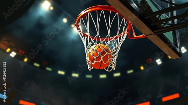 Fototapeta Close-up of a Hoop and Ball in Dynamic Digital Basketball Action, Featuring Mid-Air Movement, an Arena Background, Motion Blur, and Dramatic Lighting