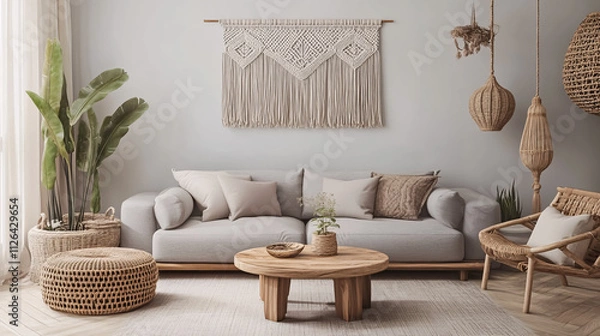 Obraz A minimalistic interior design of a living room with a gray sofa, wooden coffee table, gray macram� lamp, and elegant accessories, all set against stylish gray walls.