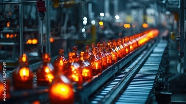 Fototapeta Production line of glass bottles with glowing orange illumination, showcasing a factory setting with conveyor belts and machinery, manufacturing, industrial process, automation, technology.