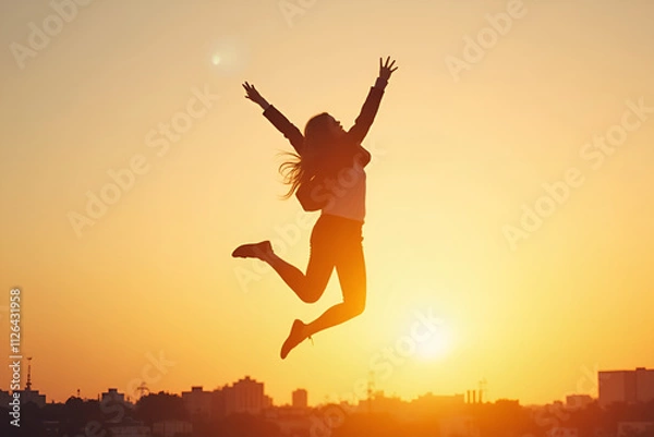 Obraz Successful Businesswoman Celebrating Victory Jump Against Vibrant Sunset Sky