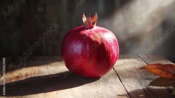 Fototapeta Ripe organic pomegranate resting on a rustic wooden table with natural light and shadows creating an inviting atmosphere